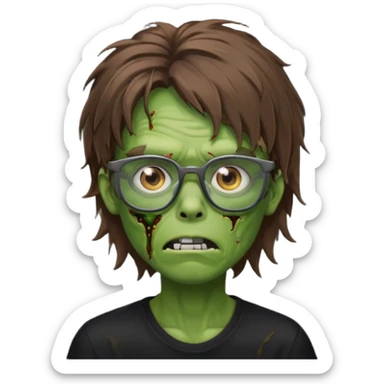 Green zombie, brown messy hair covering the forehead, black glasses, black shirt. iOS style. sticker