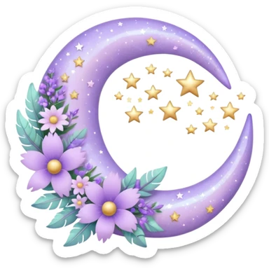 Beautiful poetic magical aesthetic sparkly glittery shiny pretty floating pastel lilac lavender Violet crescent-moon and flowers and leaves and feathers and sparkles and stars aesthetic deco sticker