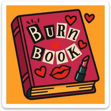cartoonish burn book with a burgundy cover, inspired by Mean Girls, featuring hearts and lipstick marks sticker