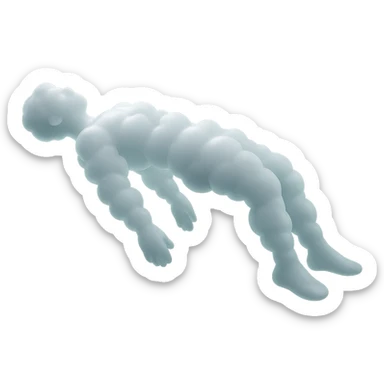 side view of unconscious person flying torso up, arms and legs down, made of small white fluffy clouds, matte glass style sticker