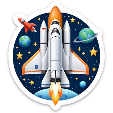 An icon featuring a space shuttle and an airplane against a starry sky, symbolizing aerospace technology. The design includes rocket boosters and satellite orbits, representing the exploration of space and advanced aviation. Transparent background sticker
