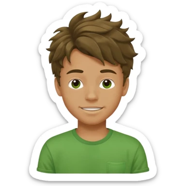 A teenage boy, tanned, wearing a green t-shirt , blue jeans and green sneakers with brown wavy tousled hair, smirking sticker