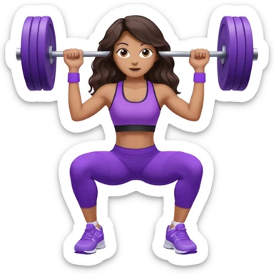 mujer de tez trigueña, con cabello castaño oscuro ondulado hasta la cadera estilizado, con ropa deportiva morada/lila, tenis blancos deportivos y levantando una pesa sticker