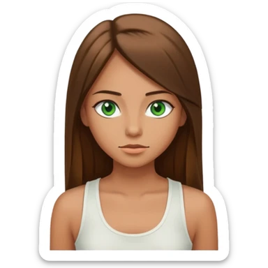 A girl with long brown straight hair, green eyes, and a white tank top; she doesn't have bangs. tan skin sticker
