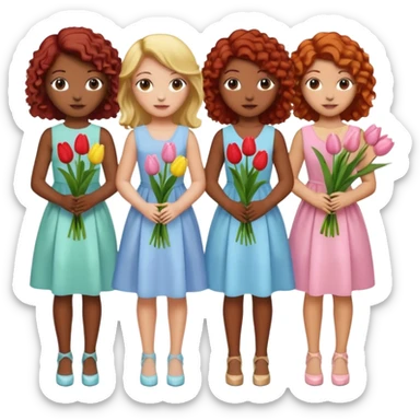 5 girls at a garden party wearing pastel dresses and holding tulips, one is black, one is blond, one has brown hair, one has red hair, one is mixed with curly hair sticker