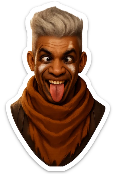 Change the character's expression to a funny, exaggerated face such as crossed eyes, tongue out, or a goofy grin, keeping the style and appearance the same as the original image. Maintain the transparent background. sticker