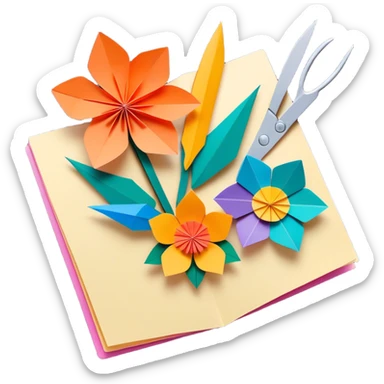 Paper crafting icon, various paper crafts like origami, paper flowers, and scrapbooking materials, visible tools such as scissors, glue stick, and paper sheets, colorful paper patterns, minimalistic style, clean lines, transparent background. sticker
