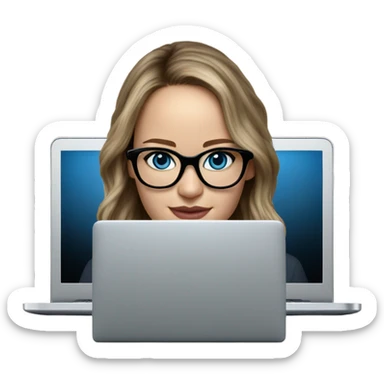 Hyper Realistic Photo of Brunette Jennifer Lawrence wearing black glasses and blue eyes  on a laptop  sticker