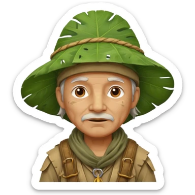 a old explorer with jungle wearing a large leaf headgear bye  sticker
