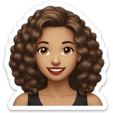 young moroccan woman with dark brown eyes, brown long curling hair with lighter tips, red lips, big smile, black dress sticker