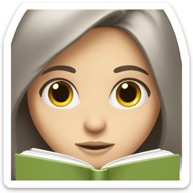White girl with long brown hair and grey eyes reading a book sticker