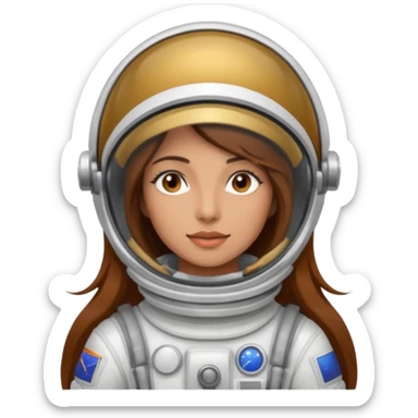 woman with long brown hair and brown eyes.  space ship captain with white military hat sticker