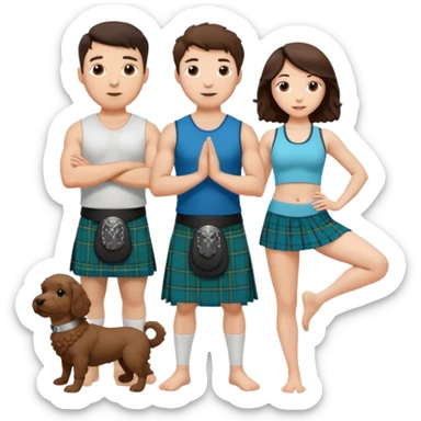 emoji of brunette man wearing kilt, brunette woman in yoga outfit and white cockapoo dog sticker
