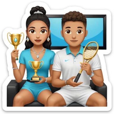 Internet celebrity Josh King Madrid jetset wearing shiny diamond earrings and sparkly iced out diamond tennis necklace chains with Instagram model girl tefi valenzuela sitting with him holding gold internet celebrity trophy on tv show in Miami sticker