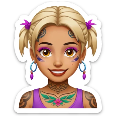 girl with bold face tattoos, happy face, wearing a colorful shirt sticker