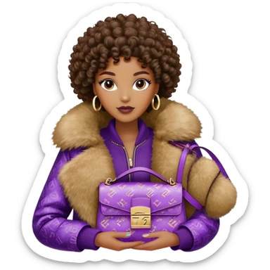 Beautiful black woman with curly hair. She is wearing a brown monogram Fendi jacket with a fur trim. She is carrying a purple sequined Fendi Baguette bag. I want the image close up. The jacket is not purple.  sticker