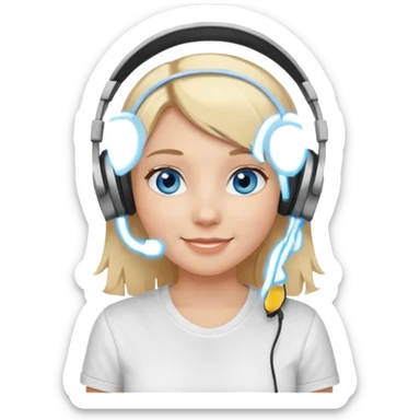 girl with blonde hair and blue eys, having on ears heaphones, with heands telling what, with white shirt sticker