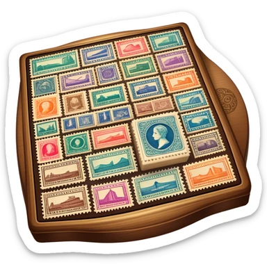 Icon for Stamp Collecting: a large stamp block in the middle and a collection of vintage and colorful stamps arranged around in an album or on a desk, with showcasing different themes. The icon should reflect the charm and history of philately. Transparent background. sticker