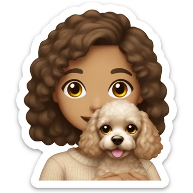 Pretty brown eyed tan girl with brown hair in a beige sweater holding a white sweet toy poodle sticker