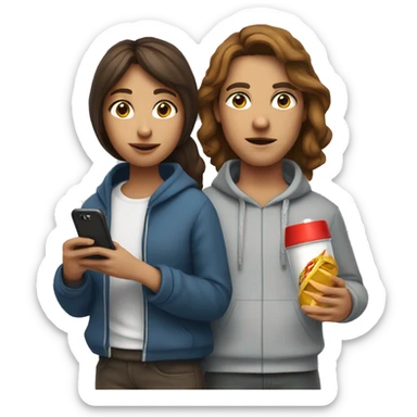 woman with brown hair holding an inhaler and fast food standing beside a man with a hoodie on holding his phone  sticker