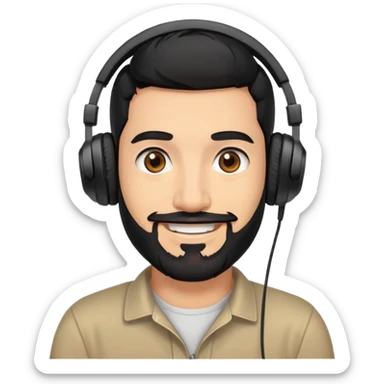 Smiling man with black hair, brown eyes, black beard wearing gaming headphones sticker