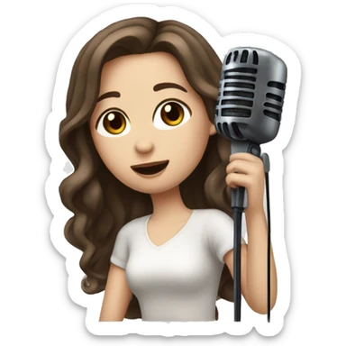 a girl with long brown hair middle part, hazel eyes, pale skin, dark lips, singing into a microphone sticker