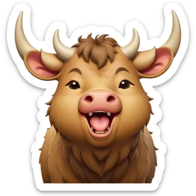 Cinematic Cute Yawning Domestic Ox Portrait Emoji, Head tilted slightly with a dramatic, wide-open yawn, showcasing a soft, textured hide with drooping horns and half-closed, drowsy eyes, Simplified yet irresistibly adorable features, highly detailed, glowing with a soft, cozy natural glow, high shine, relaxed yet expressive, stylized with a dash of pastoral whimsy, soft glowing outline, capturing the essence of a sleepy yet affectionate ox that seems ready to stretch out for a nap! sticker