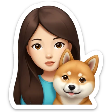 Really girl long dark brown hair with shiba inu sticker