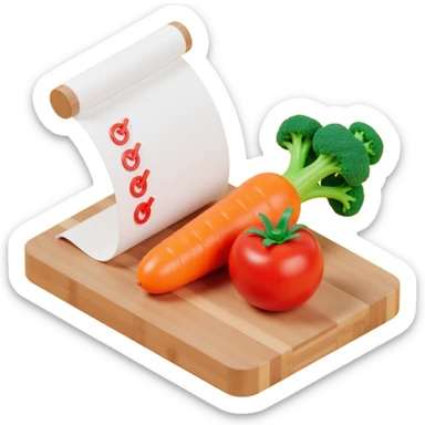 carrot tomato brocoli on the wooden cutting board with floating rolled paper list with checkbox sticker
