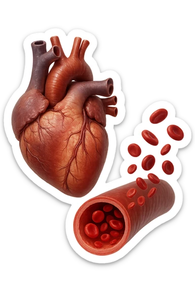 cuore anatomico umano fluttuano in aria insieme ad una vena umana con globuli rossi , iperrealistiche 4k sticker