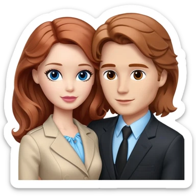 Barbie girl  , eyes blue , Chestnut red long wavy hair In pale beige clothes, Hugs a man with light brown hair short haircut, brown eyes , and a black suit sticker