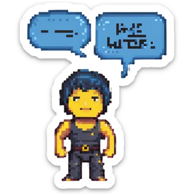Bruce Lee, calm and wise, pixel art style, with a speech bubble that says 'be water, my friend' sticker