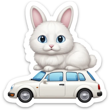 Please create a small emoji the size of 🚗 featuring a pure white cat with bunny tail (not ears) with blue eyes on a white saloon car viewed from side. Again it is necessary that the emoji must be extremely small, much smaller than a standard sized sticker. sticker