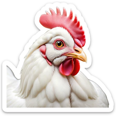 Cinematic Noble White Chicken Portrait Emoji, Poised and regal, with a compact, sturdy build and a pristine, well-groomed pure white plumage, deep-set soulful beady eyes, Simplified yet sharp and sophisticated features, highly detailed, glowing with a soft, dignified glow, high shine, intelligent and alert, stylized with an air of barnyard elegance, focused and attentive, soft glowing outline, capturing the essence of a watchful and confident fowl, so majestic it feels as though it could strut out of the screen with effortless authority! sticker