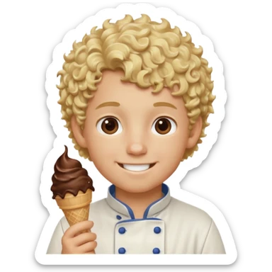 boy blonde curly hair, chef, eating chocolate ice cream sticker