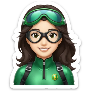 green Power Ranger, Asian girl with long, less wavy dark brown hair, side parting, smiling, wearing scuba goggles sticker