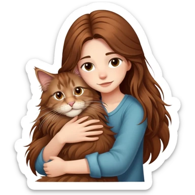 A girl with long  hair tightly hugged a Maine coon sticker