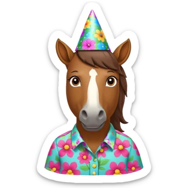 horse in flowered shirt with party hat, front view sticker