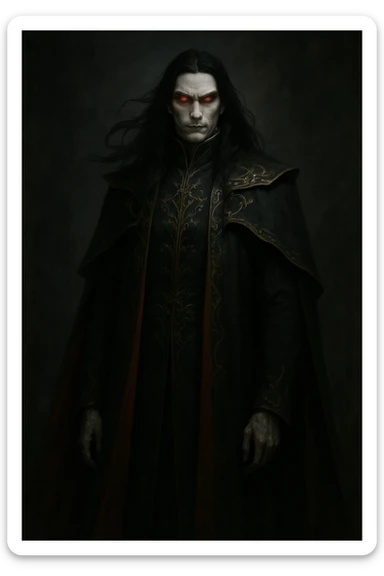 tall, imposing figure with long, flowing black hair and piercing red eyes that glow with supernatural intensity. Pale skin contrasts with dark, regal attire—a floor-length black and red cloak with ornate gold embroidery. Exudes nobility and menace, with sharp, angular features and a cold, stoic expression that masks deep rage. sticker