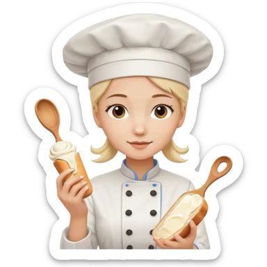 Young female baker - white chef hat, holding cream piping bag to milk oil on bread sticker