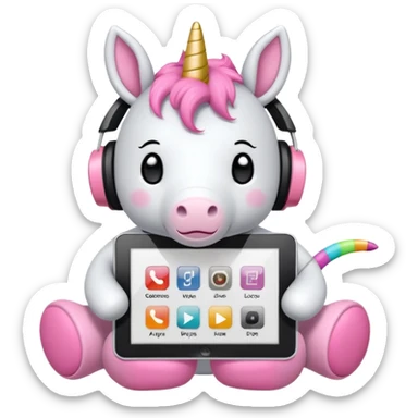 Emoji WhatsApp di un unicorno di peluche bianco con corno rosa, cuffie nere e e-reader. Stile vettoriale pulito, forme arrotondate, colori morbidi, espressione dolce, sfondo trasparente. sticker