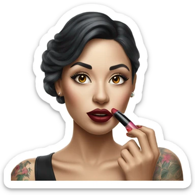 Hyper Realistic Beautiful lightly tattooed woman applying her lipstick  sticker
