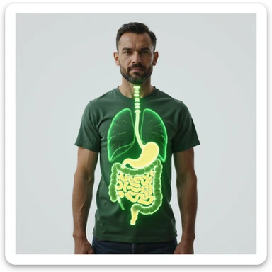 adult man front view with anatomical visualization of healthy intestine, intestine bright green to indicate health, realistic or illustrative style, neutral background, positive atmosphere sticker