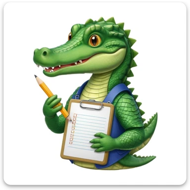 A 1980s style image of a gator with a clipboard and a pencil, offwhite background sticker