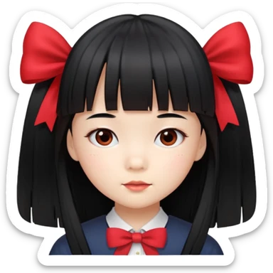 Asian little girl student with long straight black hair, bangs, red bow sticker