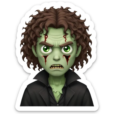 long curly haired male zombie with brown hair color and green eye color, with dark vampire clothes and angry face emotion sticker