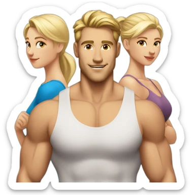 A skinny muscular white and blonde men in his 20 with two beautiful blonde girls looking an him from the side. sticker