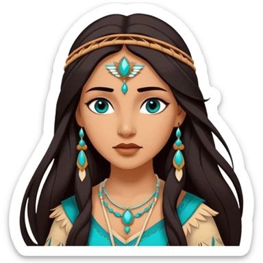 Cinematic Realistic Elegant Pocahontas Portrait, depicted with sun-kissed, warm skin rendered in lifelike detail and soft, natural lighting that accentuates its gentle glow. Her long, flowing dark hair is intricately detailed with natural movement, and her wise, expressive eyes shine with a deep, serene intensity. She is dressed in traditional attire with rich earthy tones and subtle turquoise accents, each fabric fold and texture rendered authentically. The portrait exudes a natural radiance that captures the timeless, indigenous beauty of Pocahontas with depth and authenticity. sticker