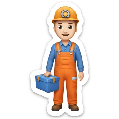 emoji style railway engineer full body in orange overalls, holding a box in front of their chest sticker