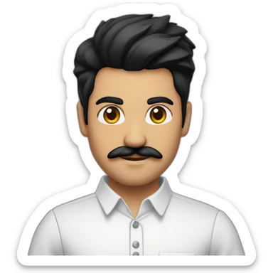 close up of white skin indian in plain white shirt with sleeve up and quiff black hair style and mustach sticker
